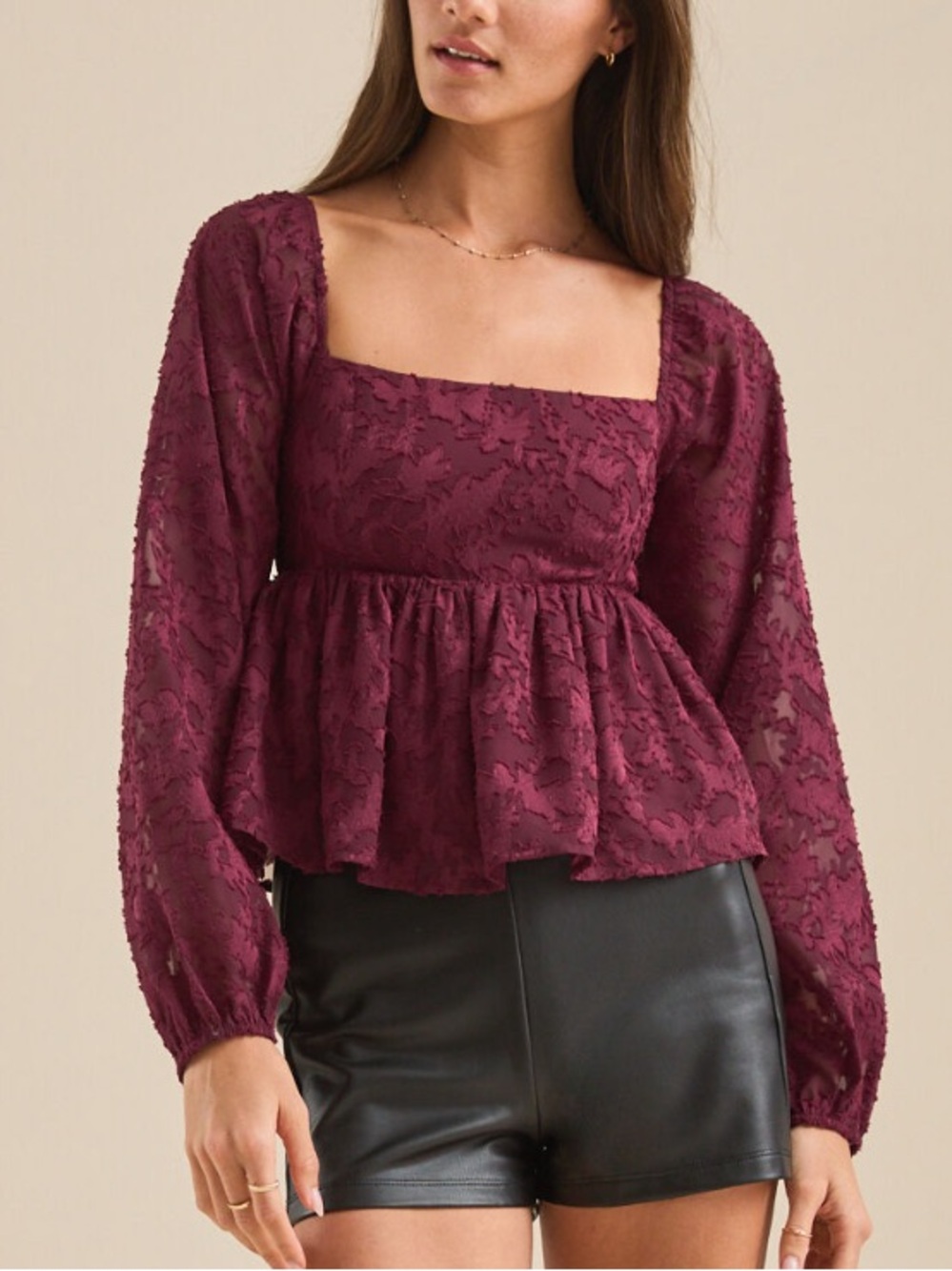 Altar'd State Burgundy Lace Square-Neck Peplum Blouse